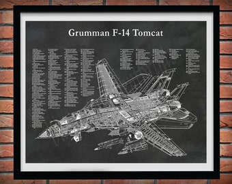 F-14 Tomcat Cutaway Drawing, F14 Fighter Jet Poster, Grumman F-14A Fighter Jet Print, US Military Fighter Jet, F-14A Cutaway Drawing Poster