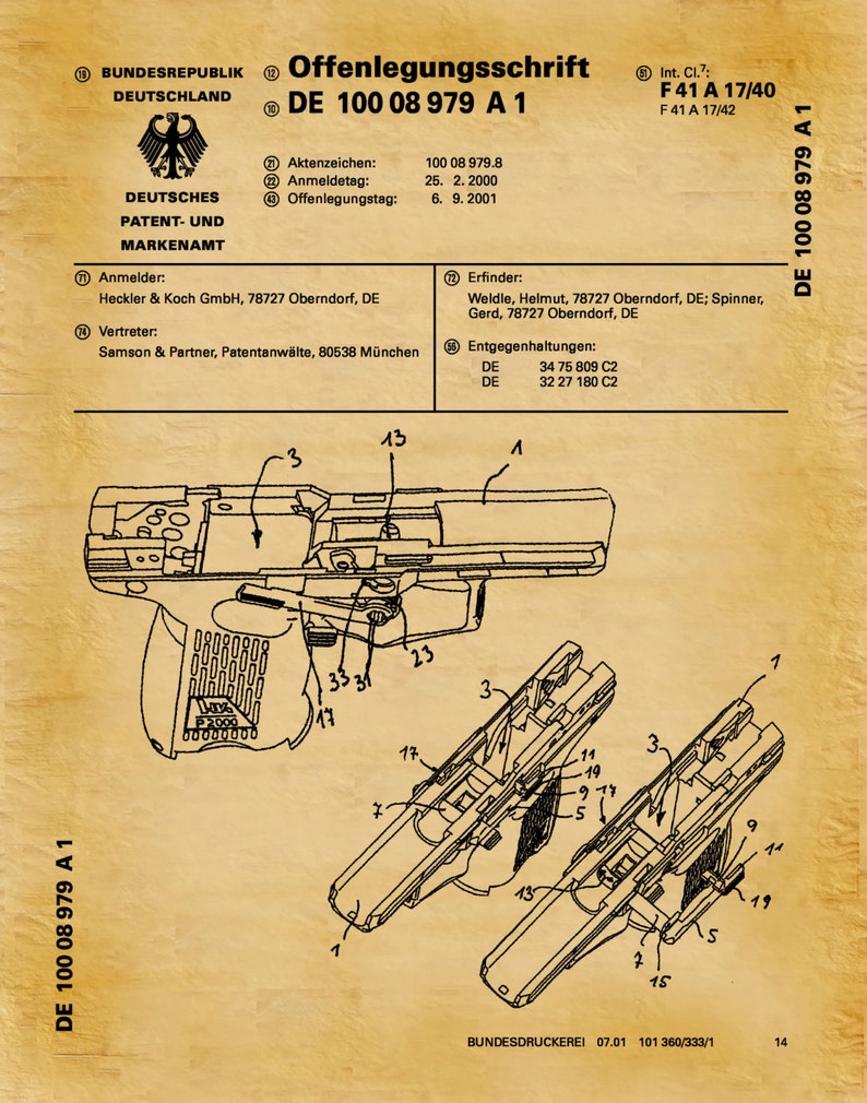 2001 H&K P2000 Pistol Patent Print German Gun Patent Print Heckler and Koch GmbH Gun Poster NRA Decor Semi-Automatic Handgun Aged Parchment