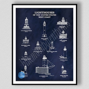 US Lighthouses of the West Coast, Nautical Art, Point Sur Lighthouse, Tillamook Rock, Yaquina Head, Lighthouse Wall Art, Beach House Decor