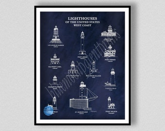 US Lighthouses of the West Coast, Nautical Art, Point Sur Lighthouse, Tillamook Rock, Yaquina Head, Lighthouse Wall Art, Beach House Decor