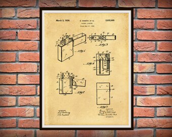 Patent 1936 ZIPPO Pocket Lighter - Art Print - Poster - Wall Art - Cigarette or Cigar Lighter - Military Lighter - Tobacco Star Wall Art