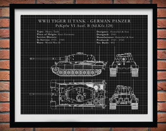 1944 German Panzer Tiger II Tank - German Nazi Army Tank - WWII Military Drawing - Tank Blueprint - Soldier Wall Art - WWII Collector Print