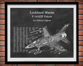 Lockheed F-16 Falcon Blueprint, Lockheed F-16ADF Fighter Plane Poster, F-16 Fighting Falcon Poster, Air Force Pilot Gift, Air Force Decor