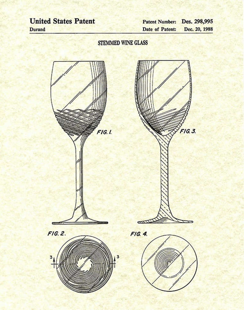 1988 Wine Glass Patent Print, Vintage Wine Glass Poster, Wine Collector Decor, Winery Decor Wine Connoisseur Gift Idea Ivory Parchment