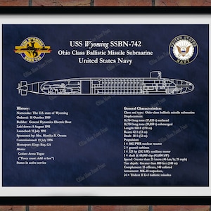 USS Wyoming SSBN-742 Ohio Class Submarine Blueprint, USS Wyoming Submarine Poster, Ohio Class Ballistic Missile Submarine Drawing
