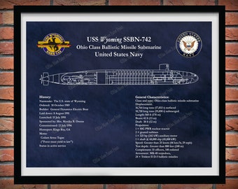 USS Wyoming SSBN-742 Ohio Class Submarine Blueprint, USS Wyoming Submarine Poster, Ohio Class Ballistic Missile Submarine Drawing