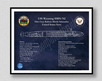 USS Wyoming SSBN-742 Ohio Class Submarine Blueprint, USS Wyoming Submarine Poster, Ohio Class Ballistic Missile Submarine Drawing