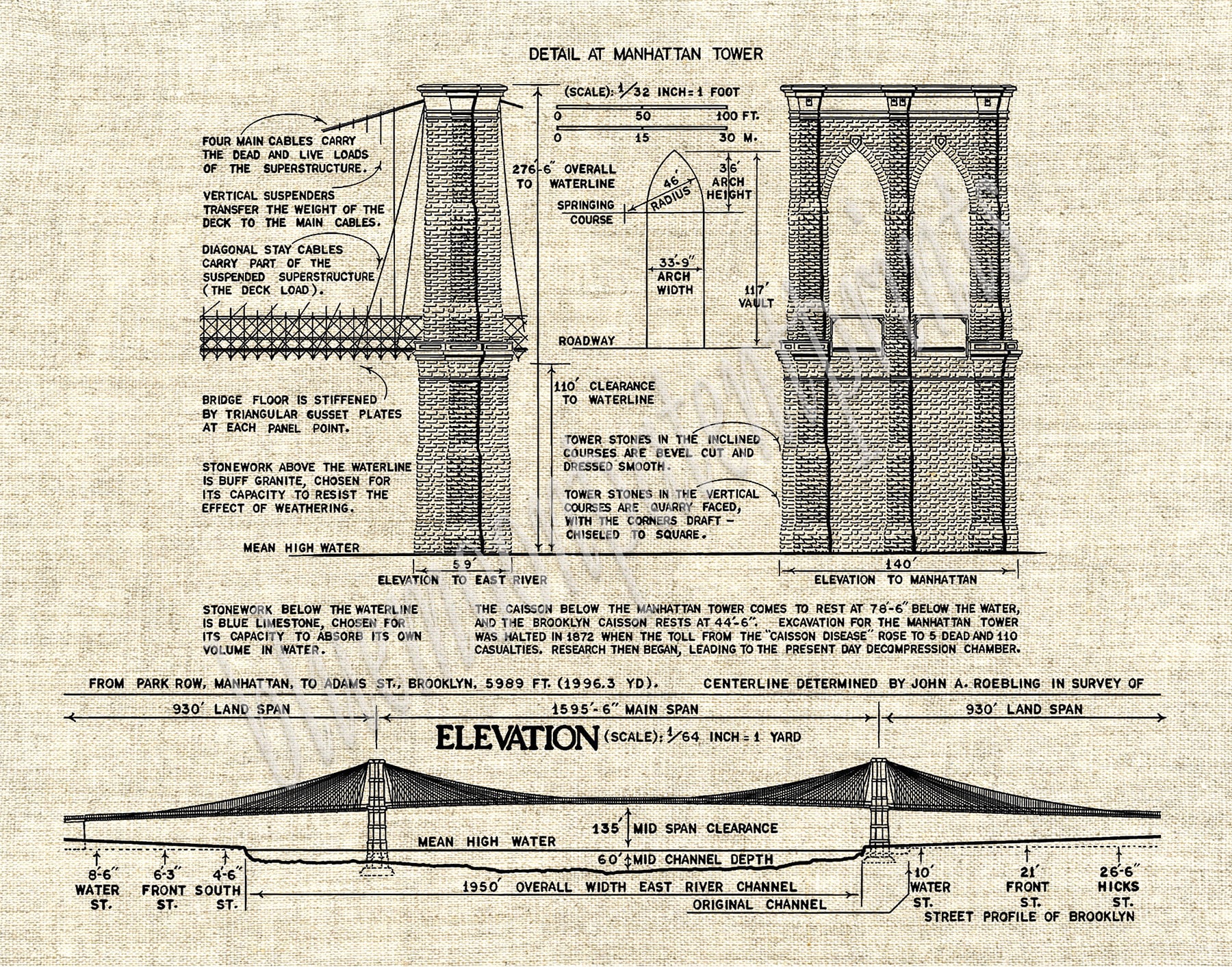 Brooklyn Bridge Drawing, Brooklyn Bridge architectural blueprint, 1870