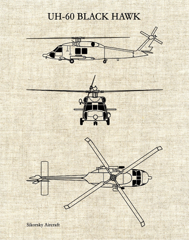 UH-60 Black Hawk Helicopter Art Print, Sikorsky UH-60 Helicopter Blueprint Chopper Pilot Gift Sikorsky UH-60 Chopper, Helicopter Decor Linen