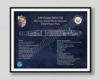 USS Florida SSGN-728 Ohio Class Submarine Blueprint, USS Florida Submarine Poster, Ohio Class Guided Missile Submarine Drawing