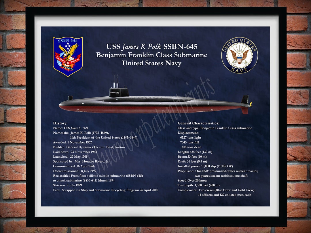 USS James K Polk SSBN645 Submarine Drawing, Benjamin Franklin Class