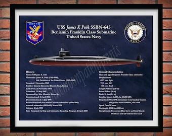 USS James K Polk SSBN-645 Submarine Drawing, Benjamin Franklin Class Submarine Poster, USS James K Polk Submarine Poster,41 For Freedom Boat