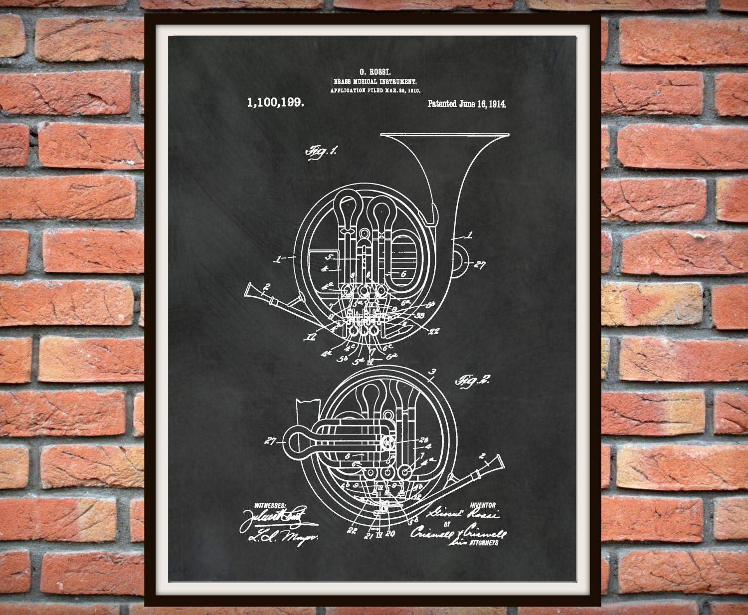 Patent 1914 French Horn Art Print Brass Musical Instrument Brass