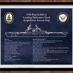USS Wasp LHD-1 Drawing, Landing Helicopter Dock Blueprint, Amphibious Assault Ship Drawing, US Navy Wall Art Print, Sailor Gift