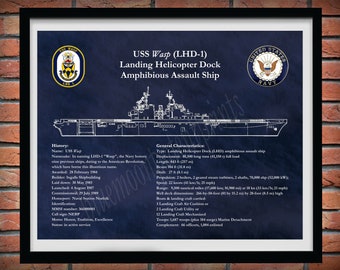 USS Wasp LHD-1 Drawing, Landing Helicopter Dock Blueprint, Amphibious Assault Ship Drawing, US Navy Wall Art Print, Sailor Gift