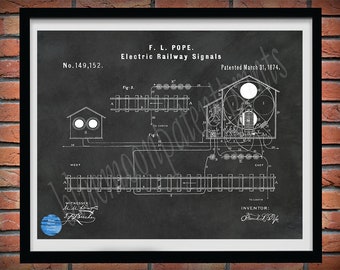 1874 Electric Railway Signal Patent Print, Railroad Signal Poster, Station Art, Railway Signal Blueprint, Railroad Décor, Railroad Art