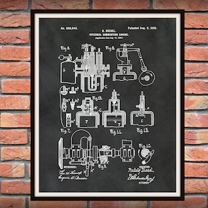 1898 Dieselmotor PatentDruck Erfunden von Rudolf Diesel - Verbrennungsmotor Poster - Automechaniker Geschenk - Autowerkstatt Deko