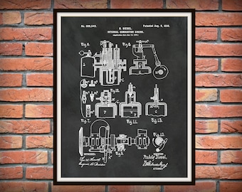 Vintage 1898 Original Diesel Engine US Patent Art Print Mechanic Antique 140 