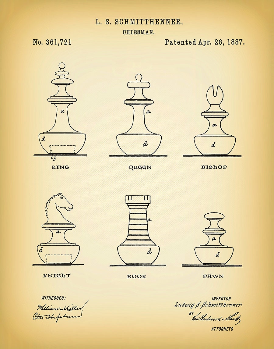 Chess King And Pieces Old Vintage Patent Drawing Print Serving