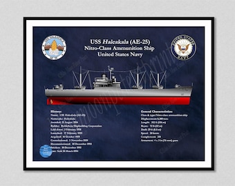 USS Haleakala AE-25 Drawing, Nitro Class Ammunition Ship Poster, US Navy Ship Wall Art Print
