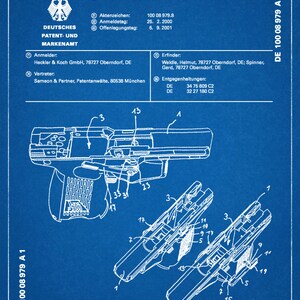 2001 H&K P2000 Pistol Patent Print German Gun Patent Print Heckler and Koch GmbH Gun Poster NRA Decor Semi-Automatic Handgun Blueprint