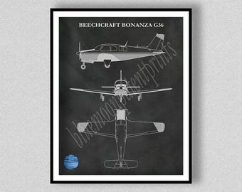 Beechcraft Bonanza G36 Drawing, Bonanza G36 Airplane Poster, Beechcraft G36 Art Print, Beechcraft Airplane Poster, Aviation Wall Art