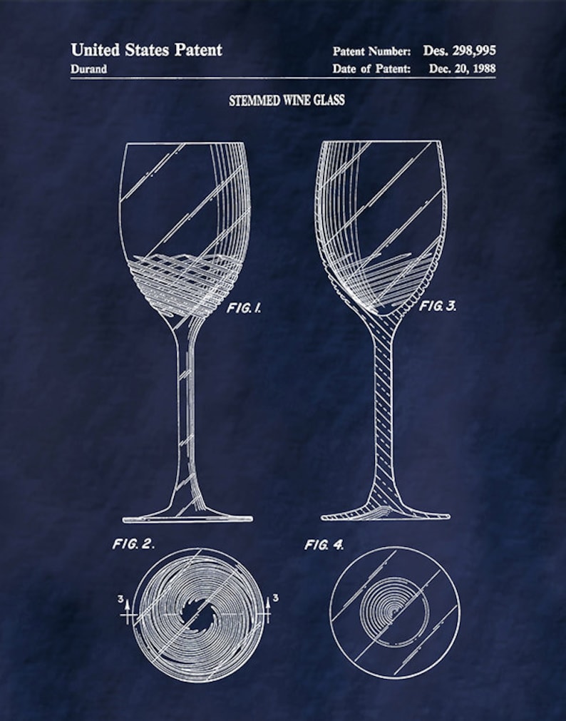 1988 Wine Glass Patent Print, Vintage Wine Glass Poster, Wine Collector Decor, Winery Decor Wine Connoisseur Gift Idea Navy Brush Stroke