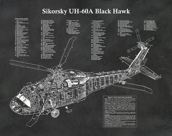 UH-60A Black Hawk Helicopter Print, Sikorsky UH-60A Helicopter Blueprint, Helo Pilot Gift, Helicopter Decor, Sikorsky UH-60A Cutaway Drawing