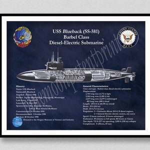 USS Blueback Submarine SS-581 Poster, Barbel-Class Diesel-Electric Submarine Drawing, Navy Submarine Decor, SS-581 Submarine Wall Art