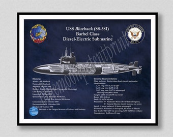 USS Blueback Submarine SS-581 Poster, Barbel-Class Diesel-Electric Submarine Drawing, Navy Submarine Decor, SS-581 Submarine Wall Art