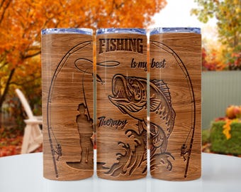Fishing Tumbler 20 oz, Outdoor 3-D Wooden effect, Fishing is my Therapy Tumbler, Fishing Buddy Gift, Gift for Dad, Father's Day Gift