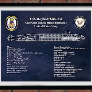 USS Maryland SSBN-738 Ohio Class Submarine Blueprint, USS Maryland Submarine Poster, Ohio Class Ballistic Missile Submarine Drawing