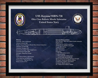 USS Maryland SSBN-738 Ohio Class Submarine Blueprint, USS Maryland Submarine Poster, Ohio Class Ballistic Missile Submarine Drawing