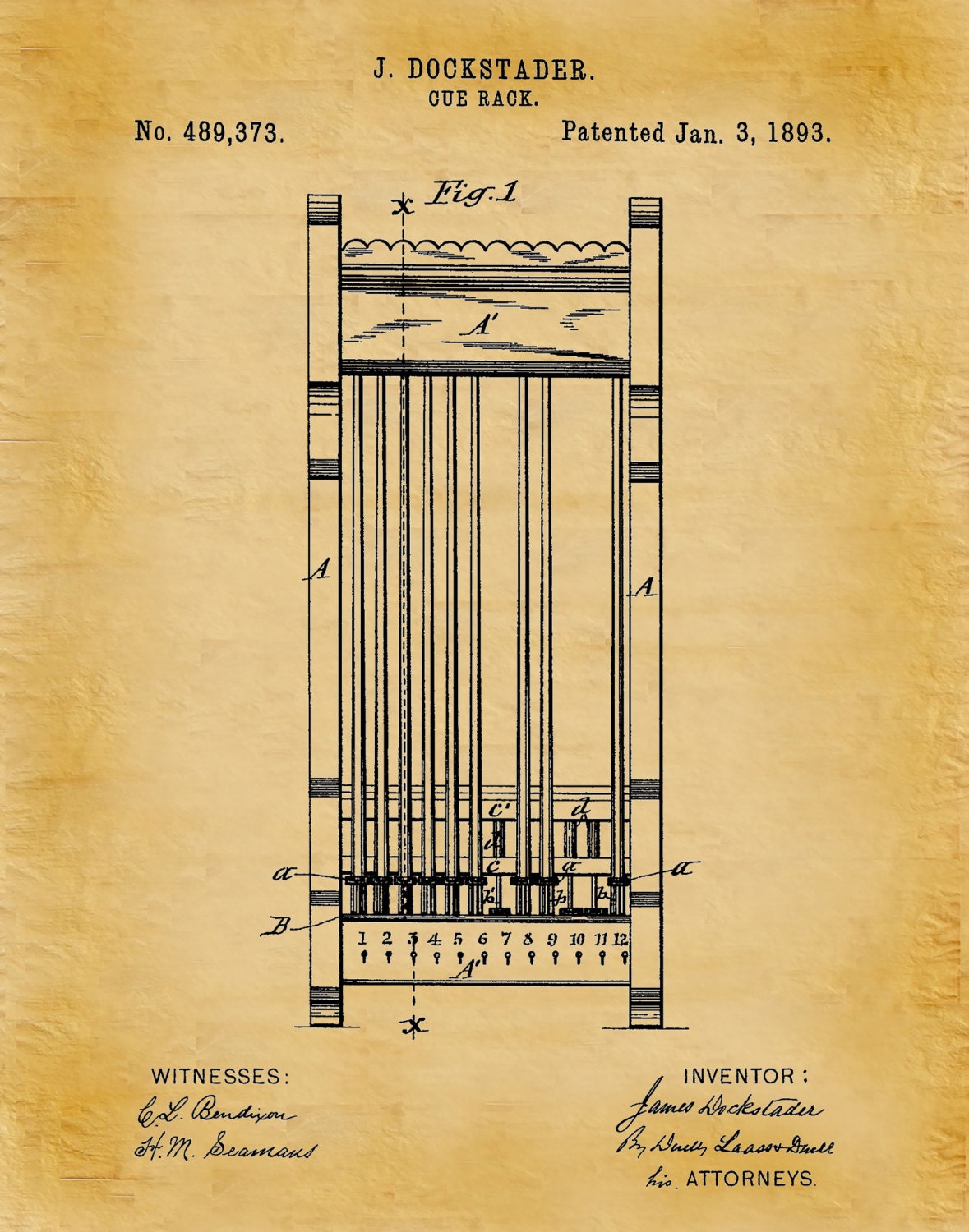 billiard cue wall rack on 1893 Pool Cue Rack Patent Print Billiards Art Print Wall Art Billiard Cue Rack Pool Hall Decor Billiard Hall Decor Sports Bar Art
