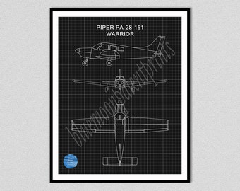 Piper PA-28-151 Warrior Drawing, Piper PA-28-151 Warrior Poster Piper Cub Airplane Wall Art, Aviation Décor, Pilot School Décor