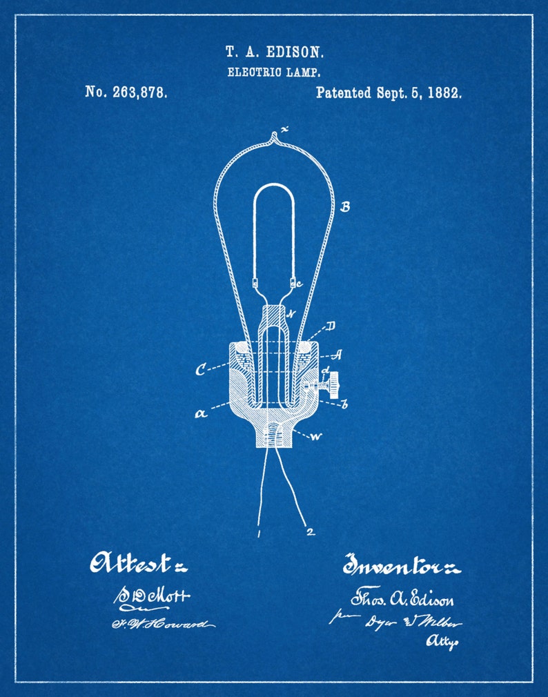 1882 Thomas Edison Patent Print Edison Electric Light Bulb | Etsy