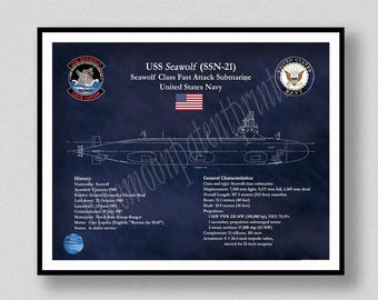 USS Seawolf SSN-21 Submarine Blueprint, Seawolf Class Nuclear Fast Attack Submarine Drawing, , US Navy Submarine Wall Art