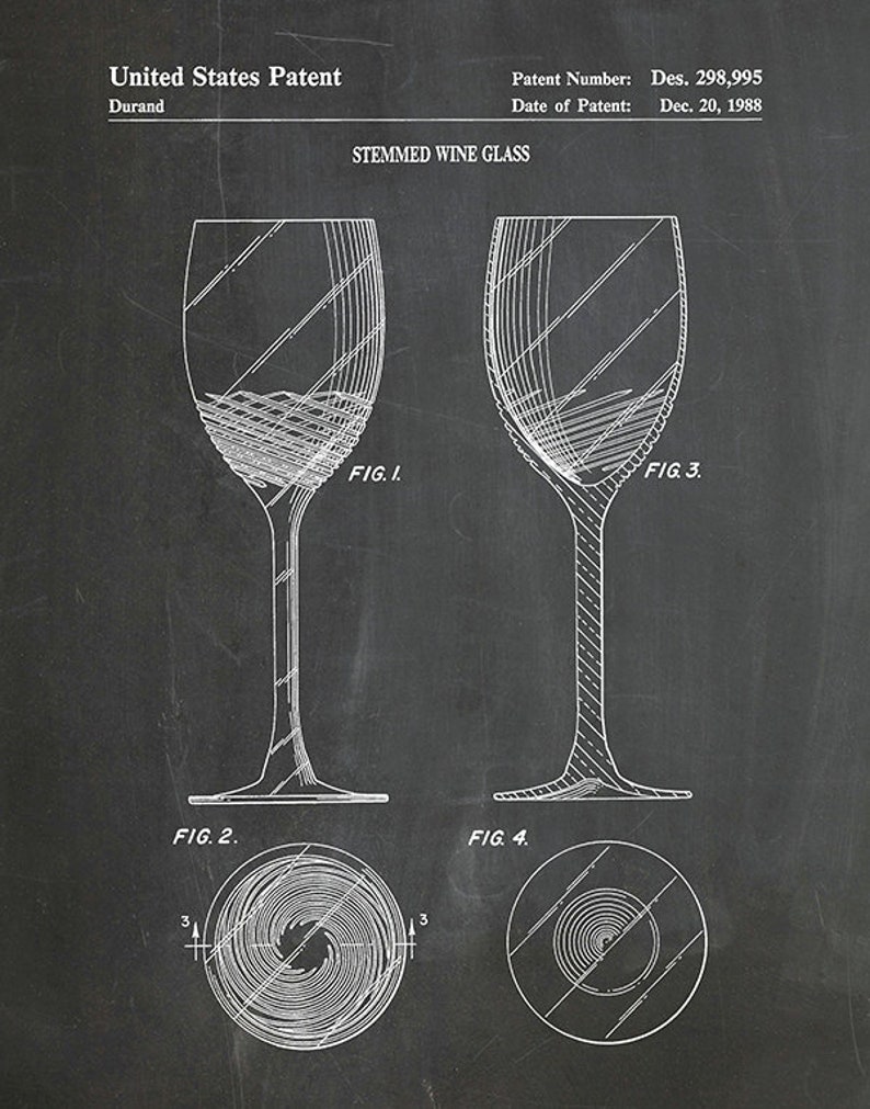 1988 Wine Glass Patent Print, Vintage Wine Glass Poster, Wine Collector Decor, Winery Decor Wine Connoisseur Gift Idea Chalk Board