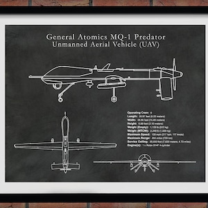 MQ-1 Predator UAV Drone Spy Plane Drawing Reconnaissance Aircraft Art Print Poster CIA Spy Plane Illustration Hellfire Missiles image 1