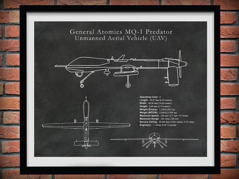 MQ-1 Predator UAV Drone Spy Plane Drawing Reconnaissance Aircraft Art Print Poster CIA Spy Plane Illustration Hellfire Missiles image 1