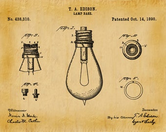 1890 Edison Light Bulb Patent Print Vers #2,  Thomas Edison Invention Wall Art, Electric Light Bulb Print, Electrical Shop Wall art