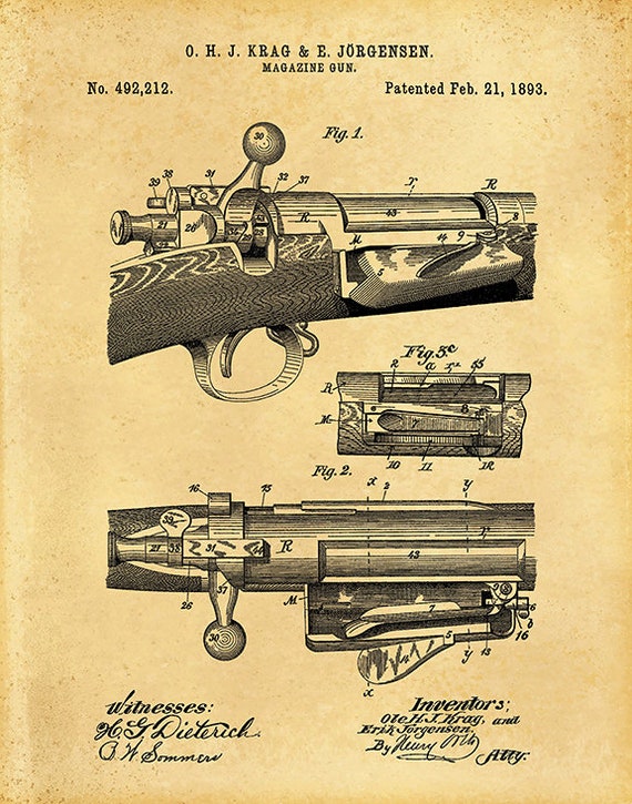 1892 Springfield Rifle Patent Print, Model Krag-jørgensen Rifle