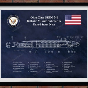 Ohio Class Submarine Blueprint, USS Maine SSBN-741 Ballistic Missile Submarine Poster, Ohio Class Ballistic Missile Submarine Drawing