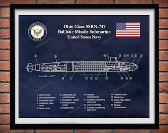 Ohio Class Submarine Blueprint, USS Maine SSBN-741 Ballistic Missile Submarine Poster, Ohio Class Ballistic Missile Submarine Drawing