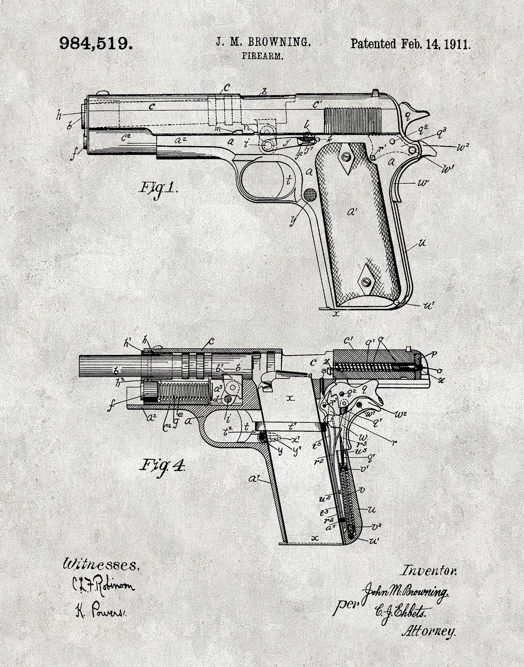 M1911 Browning Pistol Patent Print - M1911 Pistol Poster - Gun ...