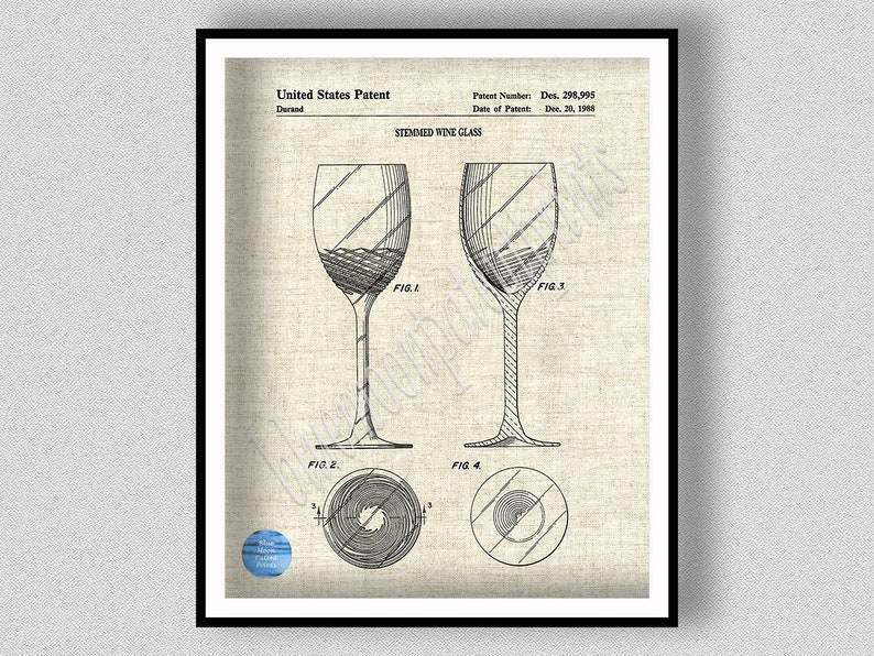 1988 Wine Glass Patent Print, Vintage Wine Glass Poster, Wine Collector Decor, Winery Decor Wine Connoisseur Gift Idea Linen