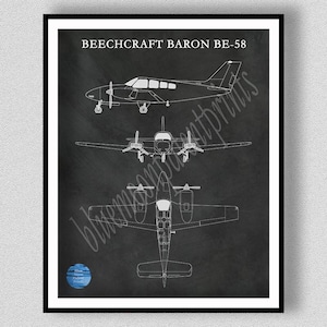 Beechcraft Baron BE-58 Art Print, Beechcraft Baron Blueprint, Beechcraft Baron Poster, Aviation Wall Art, Aviation Decor, Pilot Gift Idea