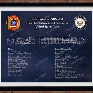 USS Tennessee SSBN-734 Ohio Class Submarine Blueprint, USS Tennessee Submarine Poster, Ohio Class Ballistic Missile Submarine Art Print