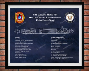 USS Tennessee SSBN-734 Ohio Class Submarine Blueprint, USS Tennessee Submarine Poster, Ohio Class Ballistic Missile Submarine Art Print