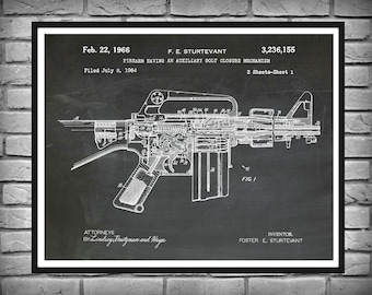 1966 M-16 Rifle Patent Print, AR15 Blueprint Vers #2 - AR-15 Sniper Rifle Poster- AR15 Military Assault Rifle Print, Soldier Gift